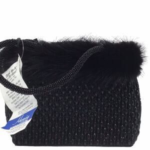 Mitchie’s Black Beaded Evening Bag Faux Fur Trim Top Handle Purse NWT Vintage